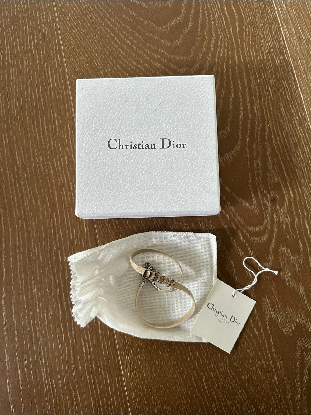 Dior Beige Leather Double Wrap Bracelet / Choker with Silver Logo